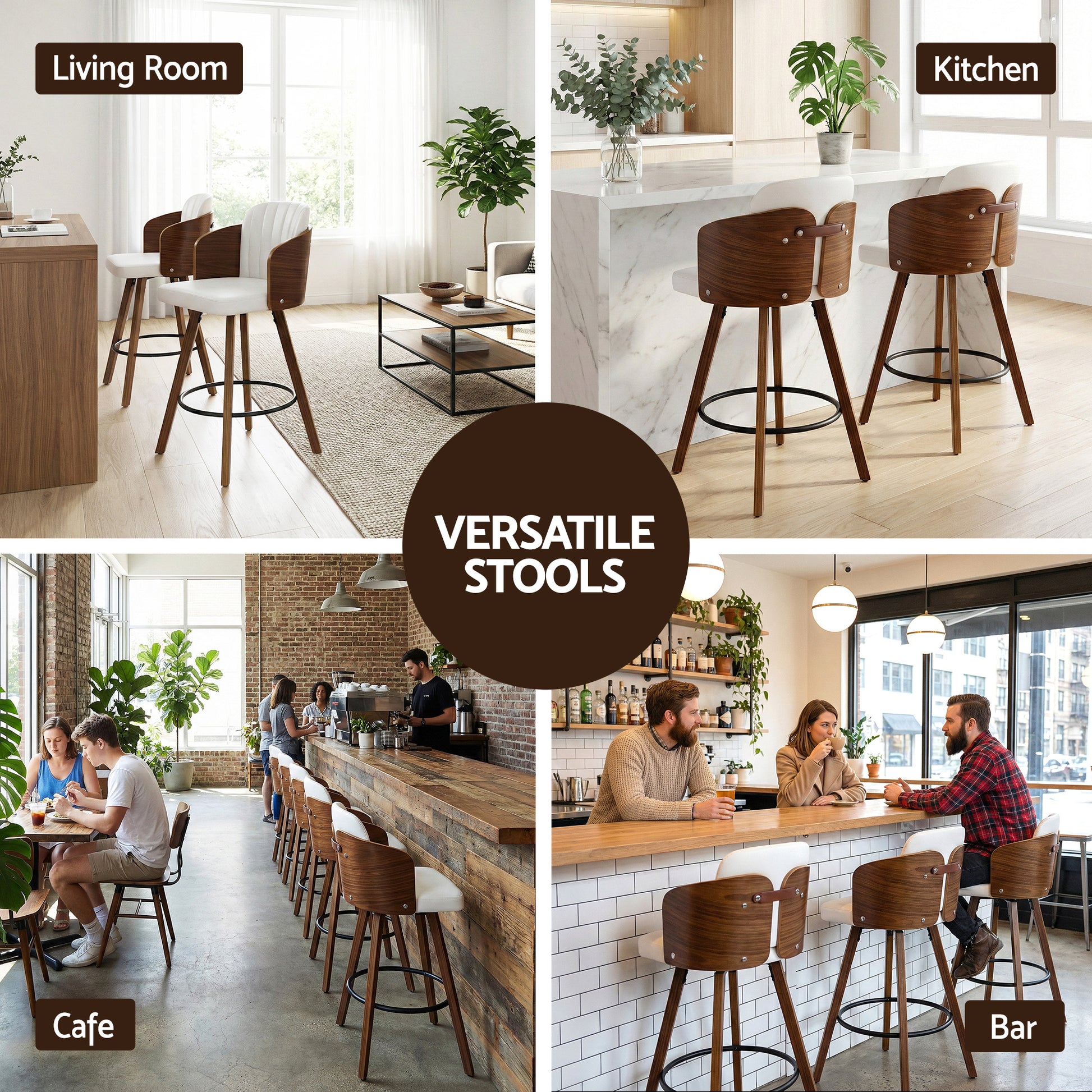 Collage of bar stools in various settings including a living room, kitchen, cafe, and bar.