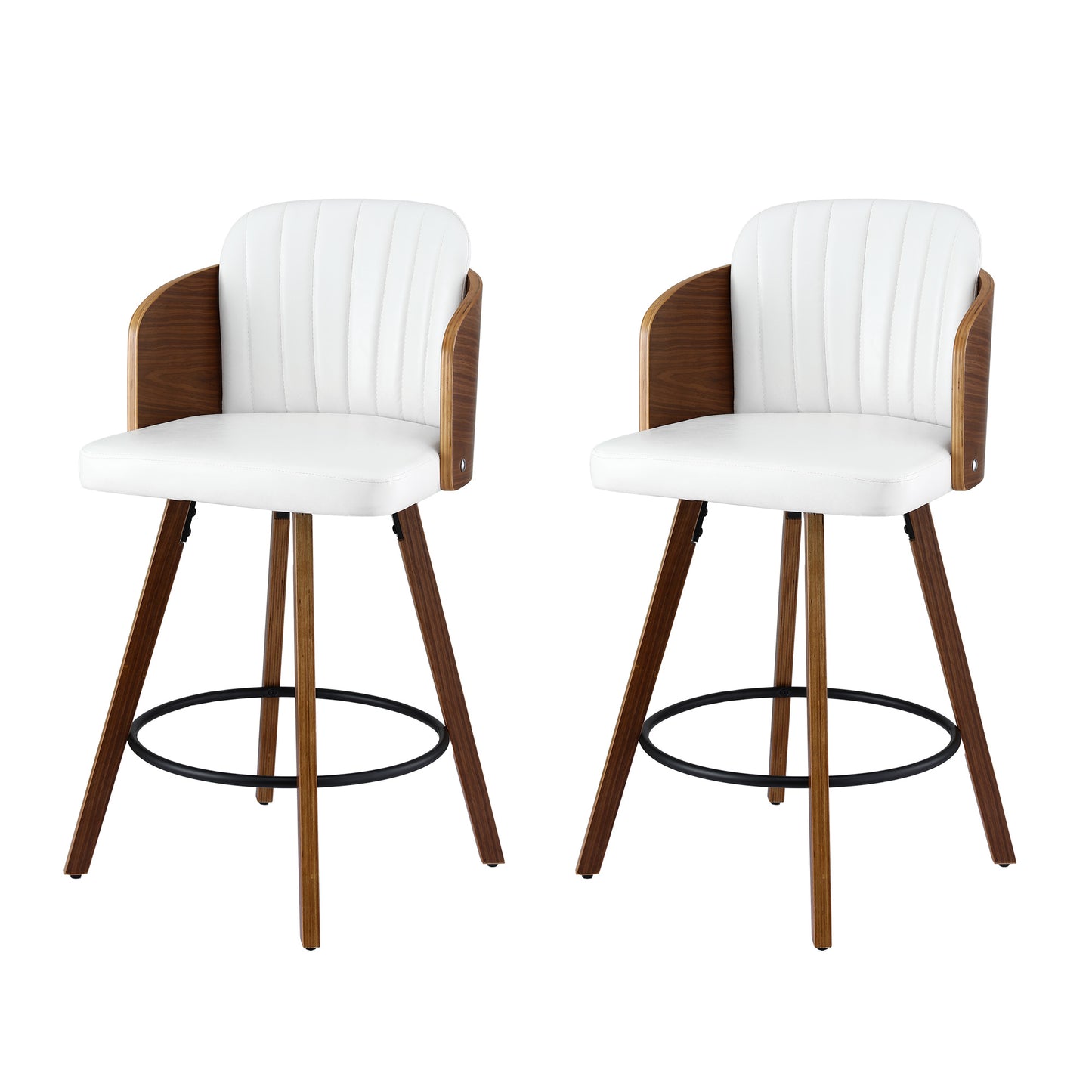 Two white bar stools with wooden legs on a white background