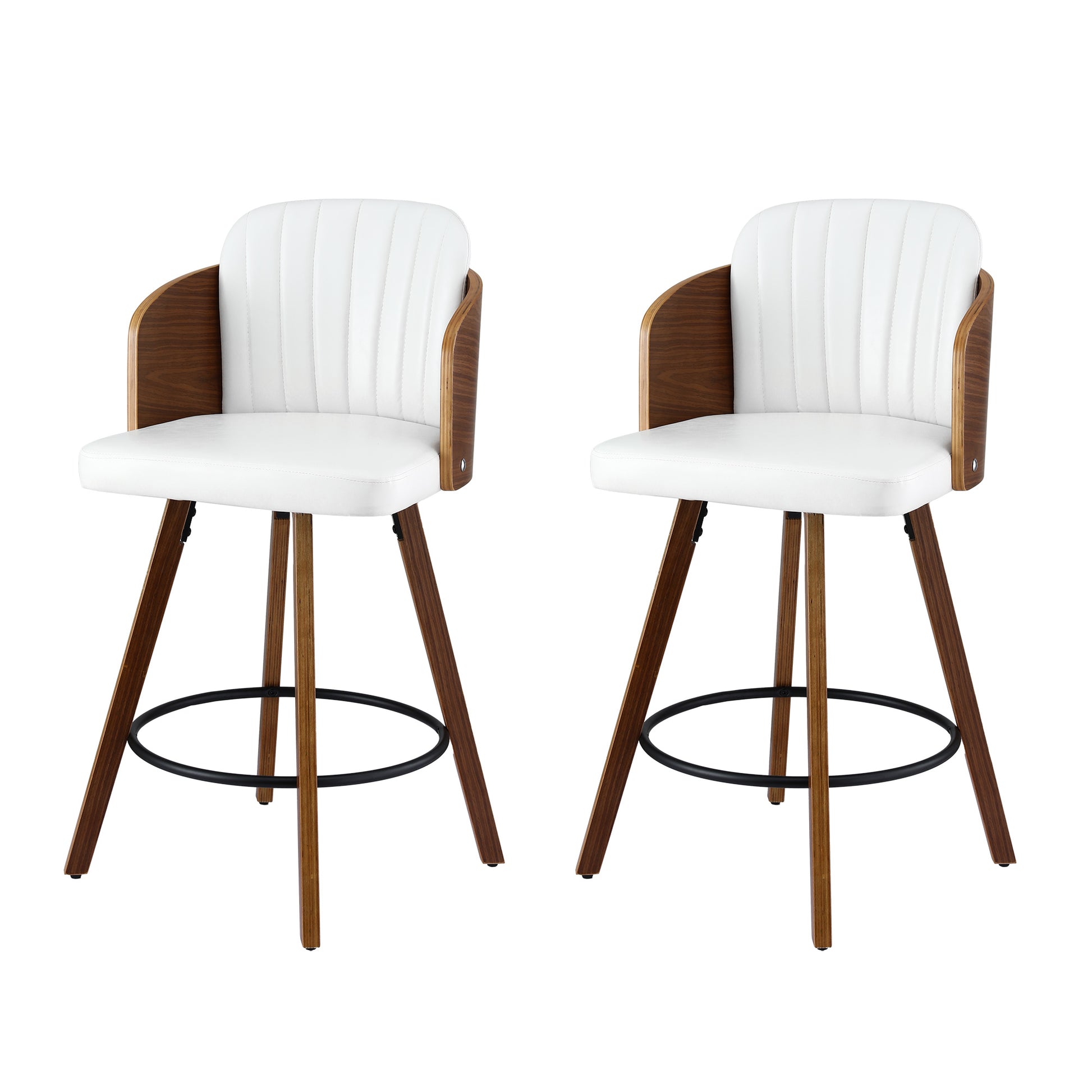 Two white bar stools with wooden legs on a white background