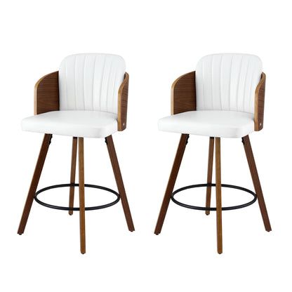 Two white bar stools with wooden legs on a white background