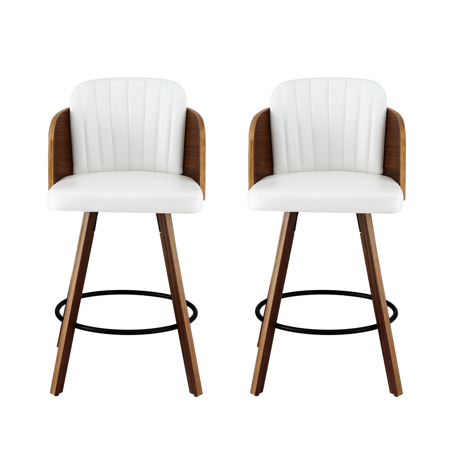 Two white bar stools with wooden legs on a white background
