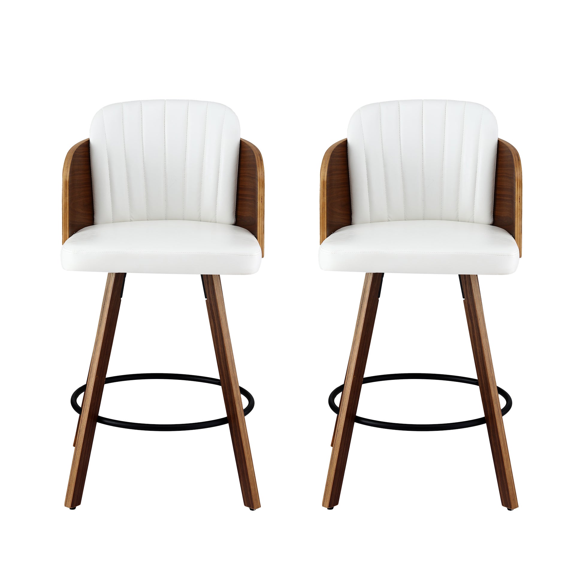 Two white bar stools with wooden legs on a white background