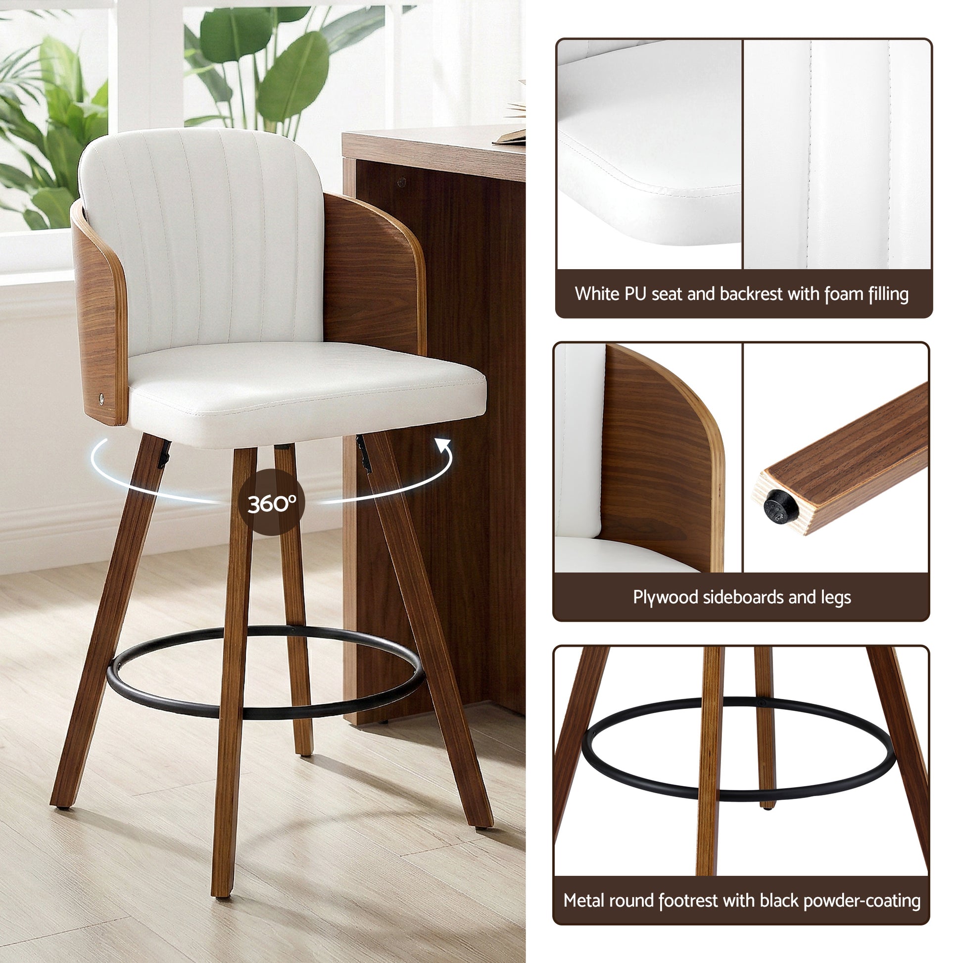 White bar stool with wooden legs in a room setting, showing features like PU seat, foam filling, and metal footrest.