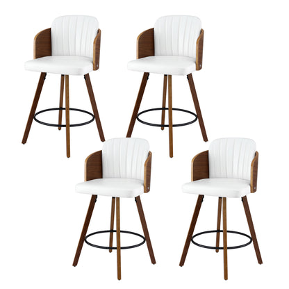 Four white bar stools with wooden legs on a white background