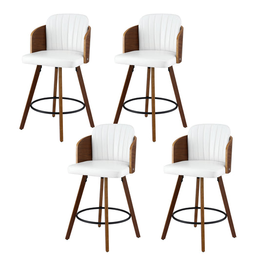 Four white bar stools with wooden legs on a white background