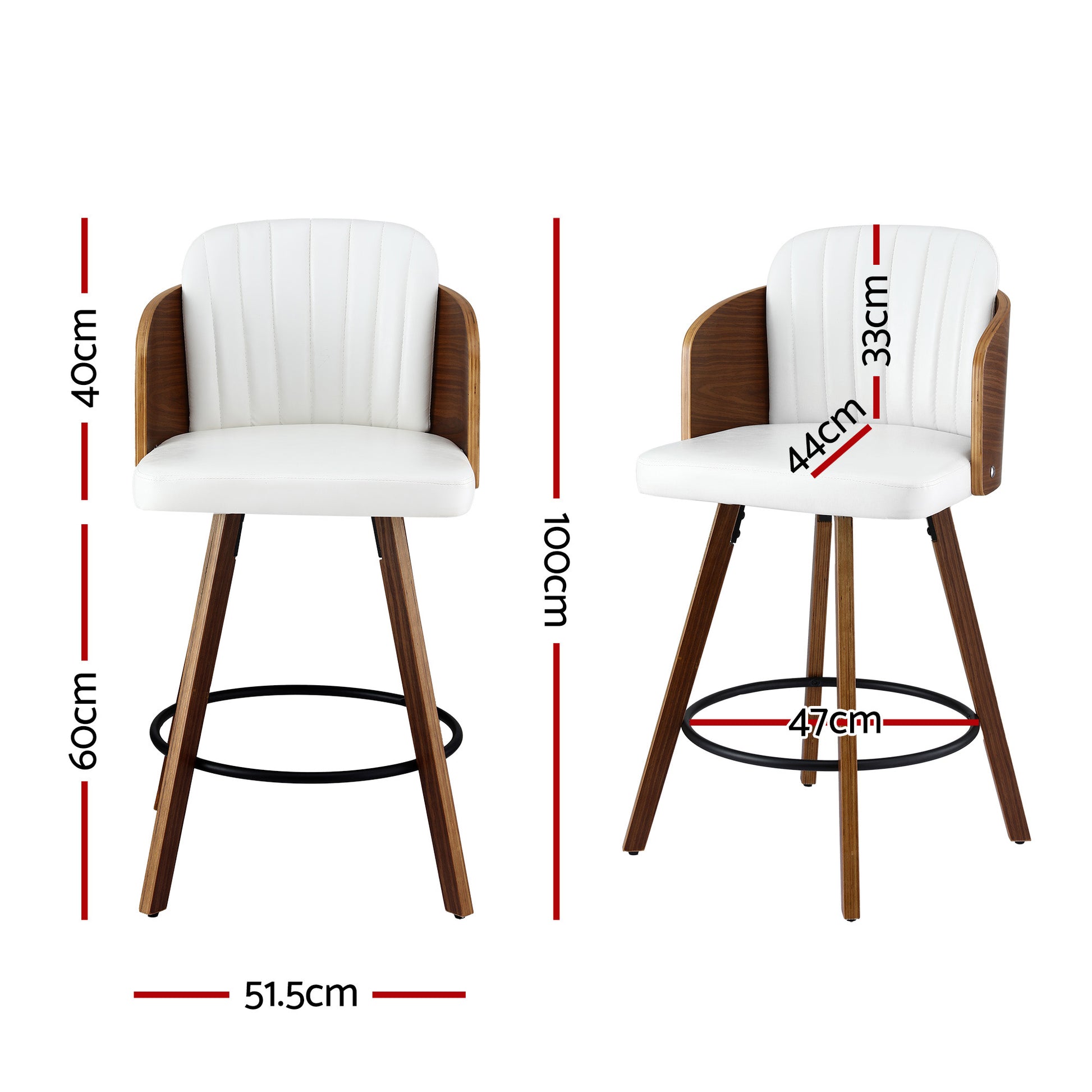 Two bar stools with dimensions marked on a white background