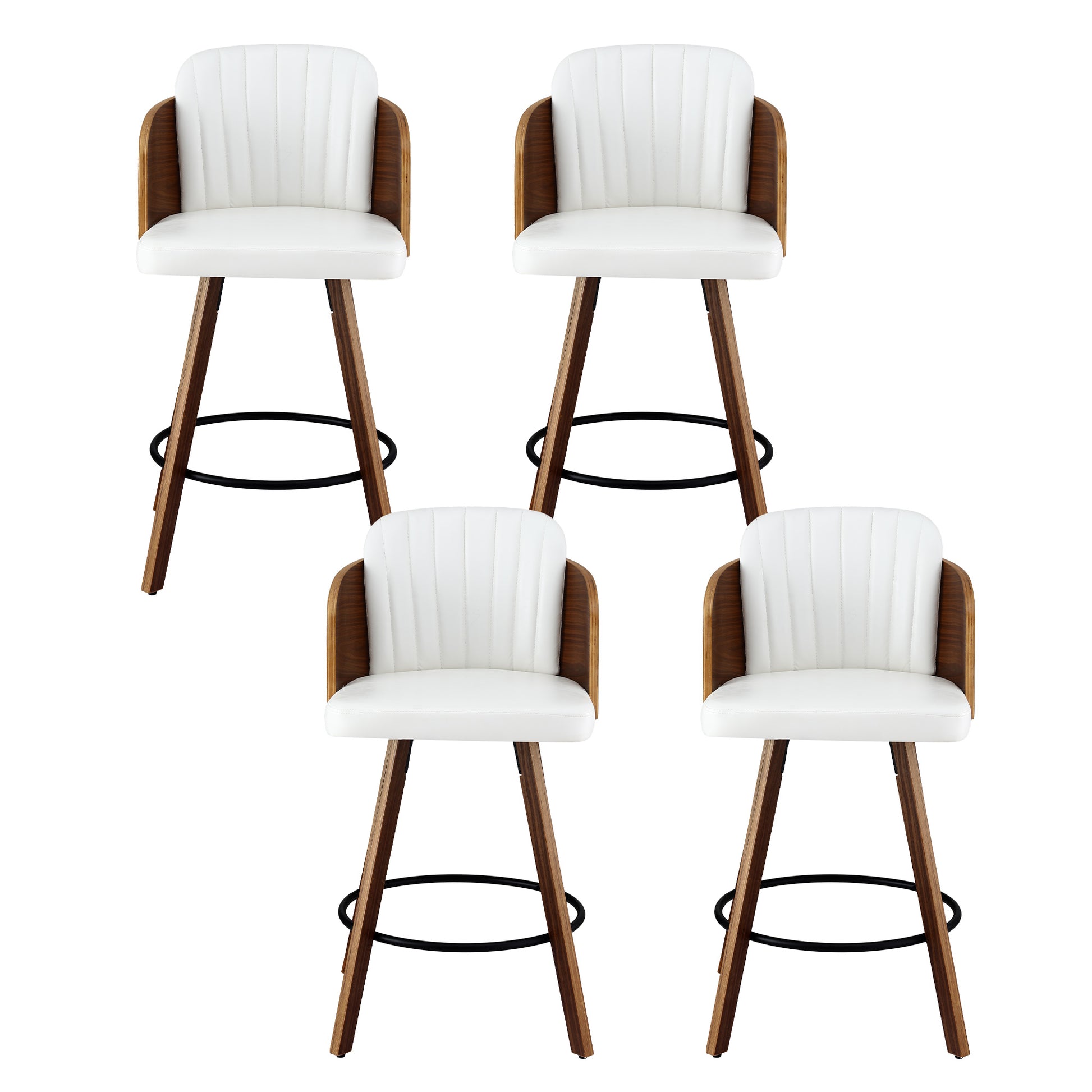 Four white bar stools with wooden legs on a white background
