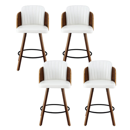 Four white bar stools with wooden legs on a white background