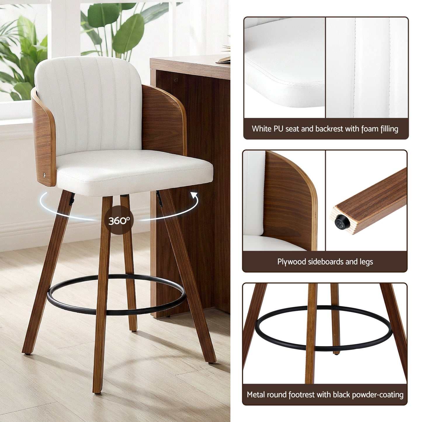 White bar stool with wooden legs in a room setting, showing features like PU seat, foam filling, and metal footrest.