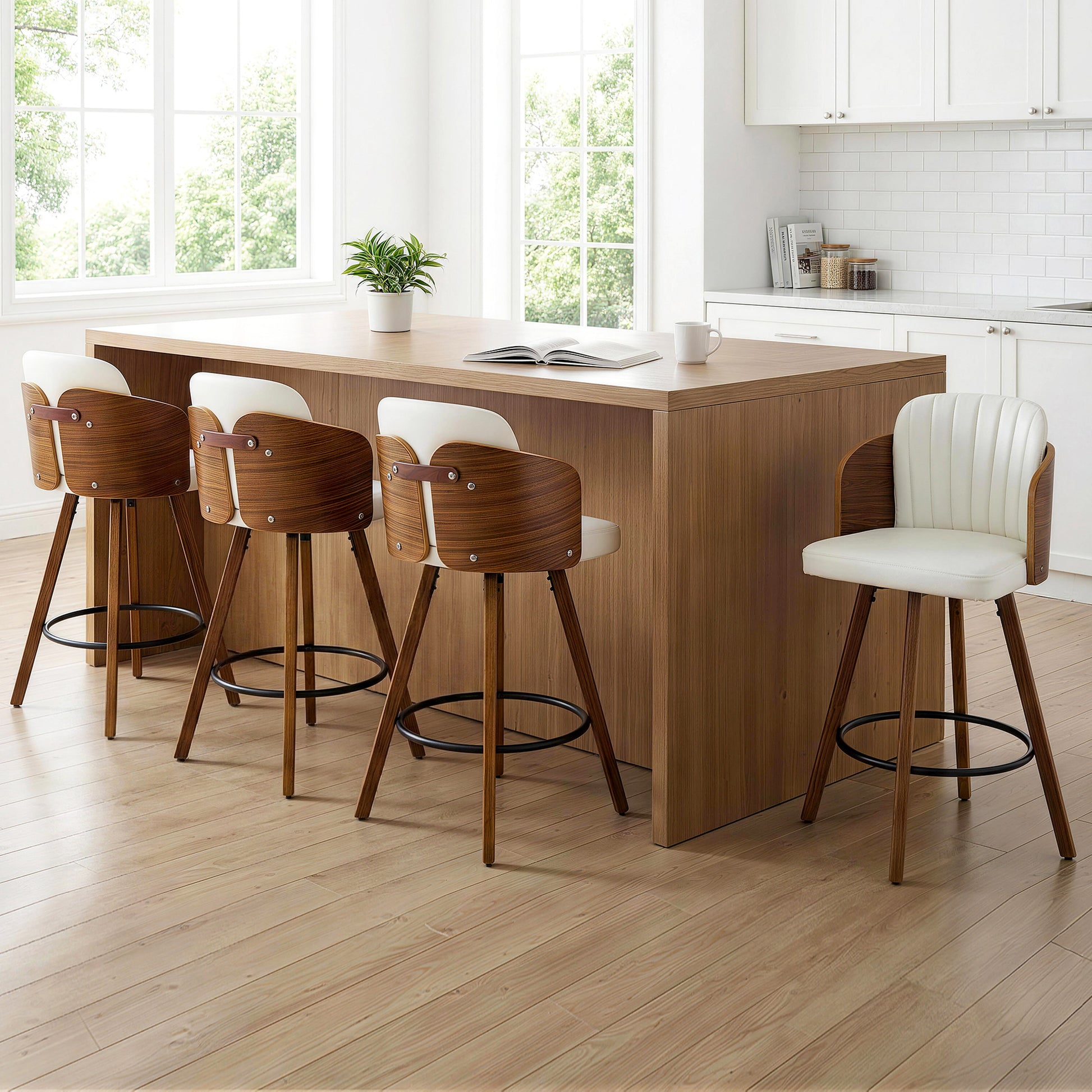 Wooden kitchen island with bar stools in a bright kitchen setting