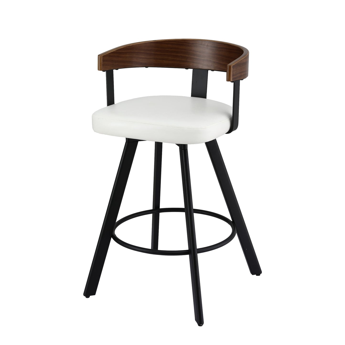 Bar stool with white seat, wooden backrest, and black metal legs on a white background