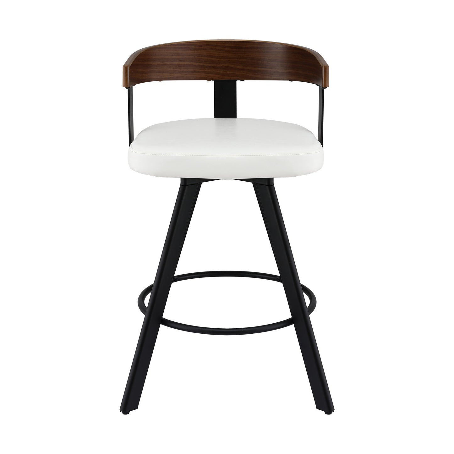 Bar stool with white seat, brown backrest, and black metal legs on a white background
