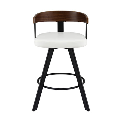 Bar stool with white seat, brown backrest, and black metal legs on a white background