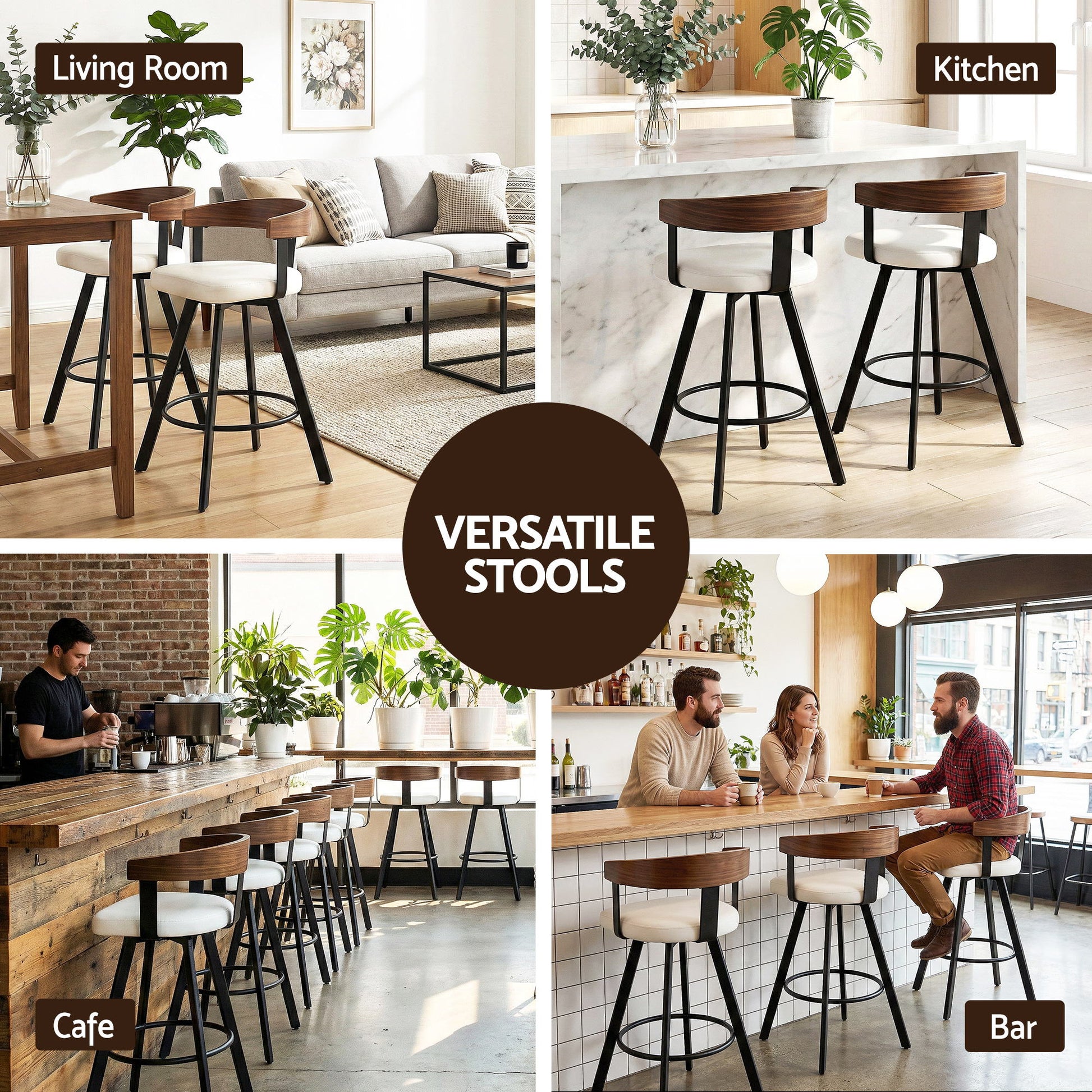 Collage of bar stools in various settings including a living room, kitchen, cafe, and bar.