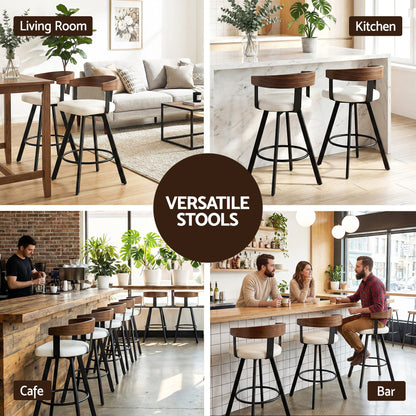 Collage of bar stools in various settings including a living room, kitchen, cafe, and bar.
