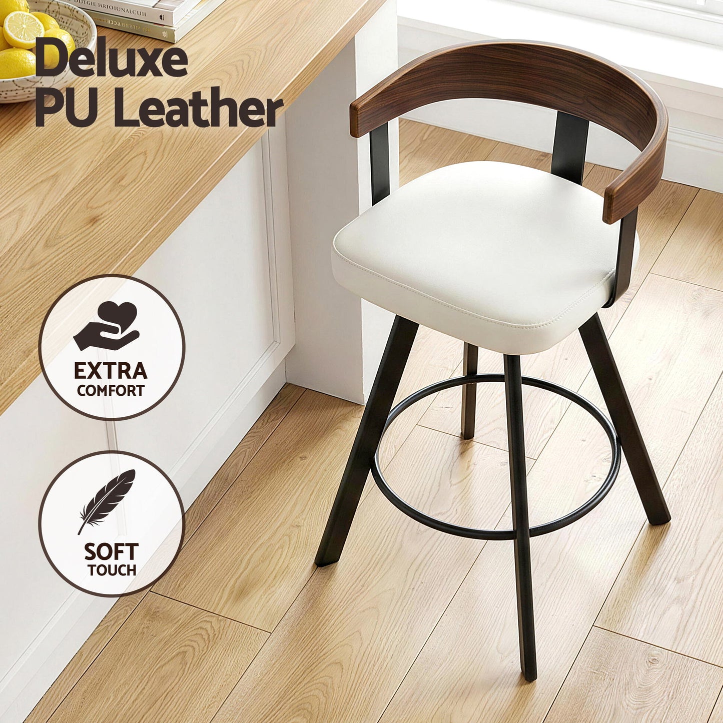 Bar stool with white seat and wooden backrest on a wooden floor, with text 'Deluxe PU Leather' and icons indicating extra comfort and soft touch.