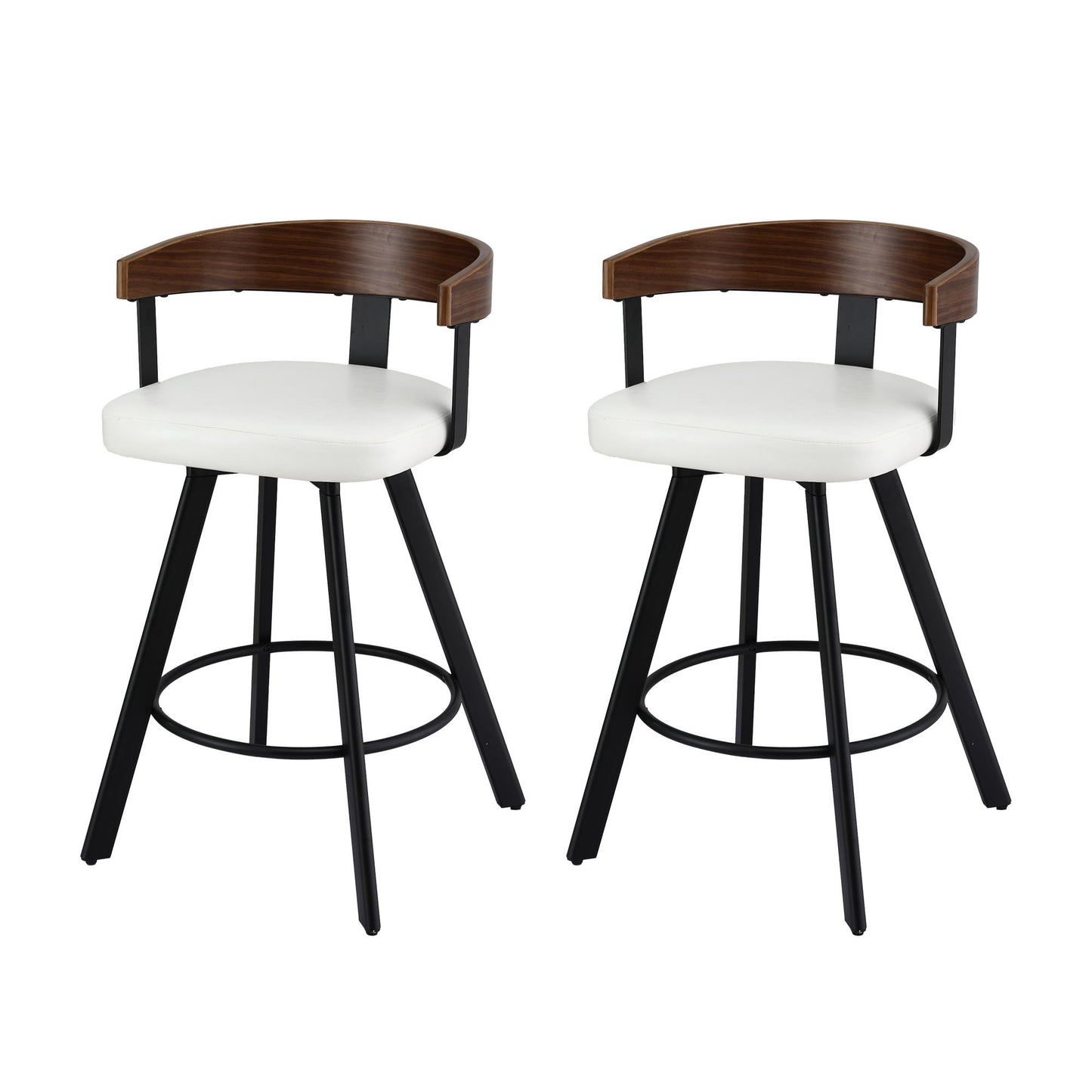 Two bar stools with white seats, wooden backrests, and black metal legs on a white background.