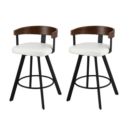 Two bar stools with white seats, wooden backrests, and black metal legs on a white background.