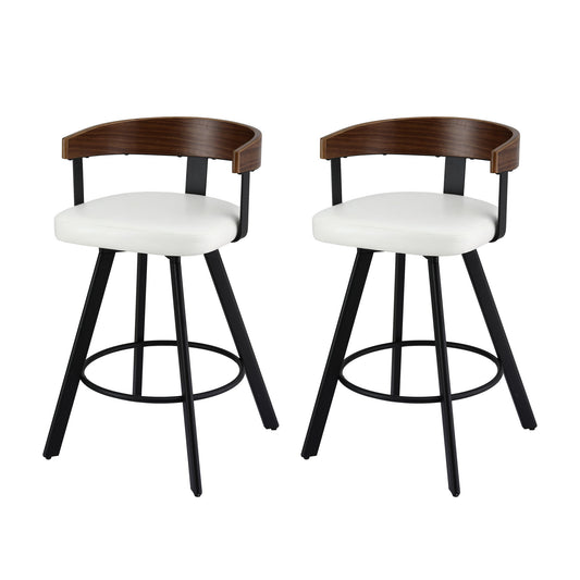 Two bar stools with white seats, wooden backrests, and black metal legs on a white background.