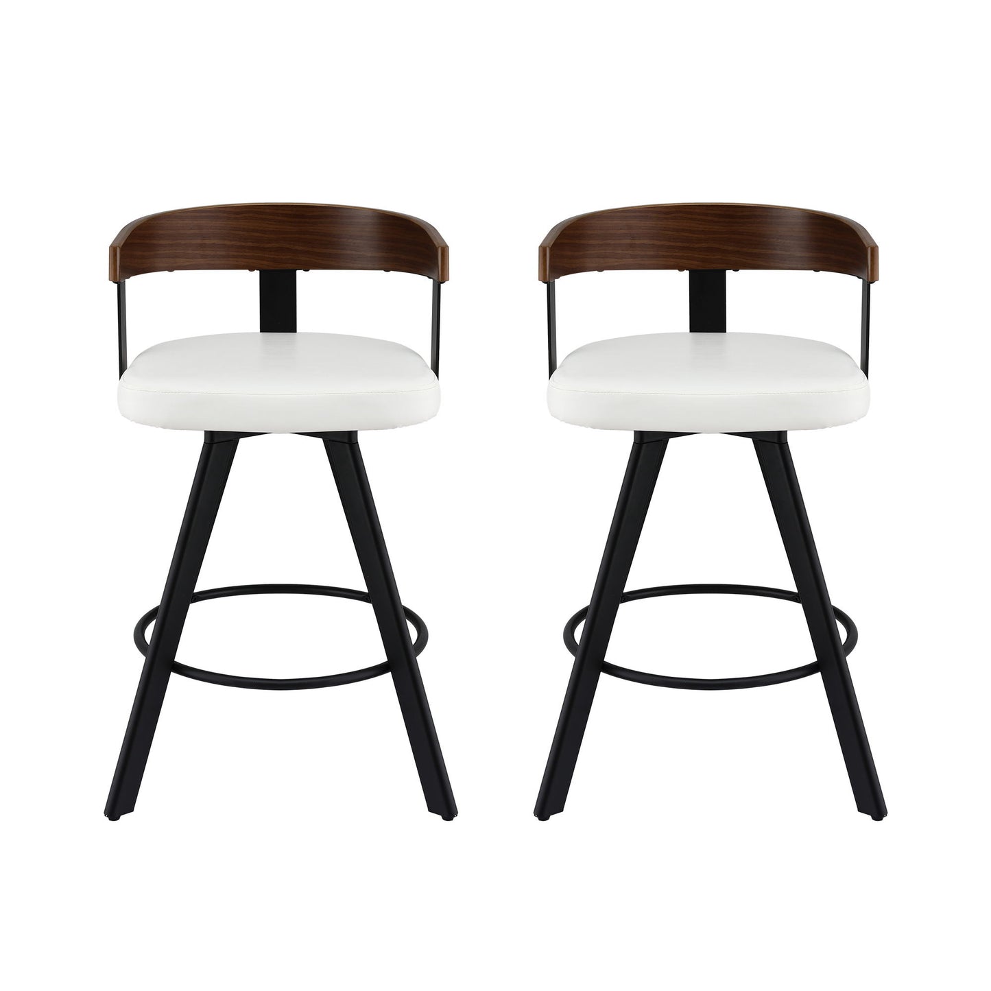 Two bar stools with white seats, brown backrests, and black metal legs on a white background.