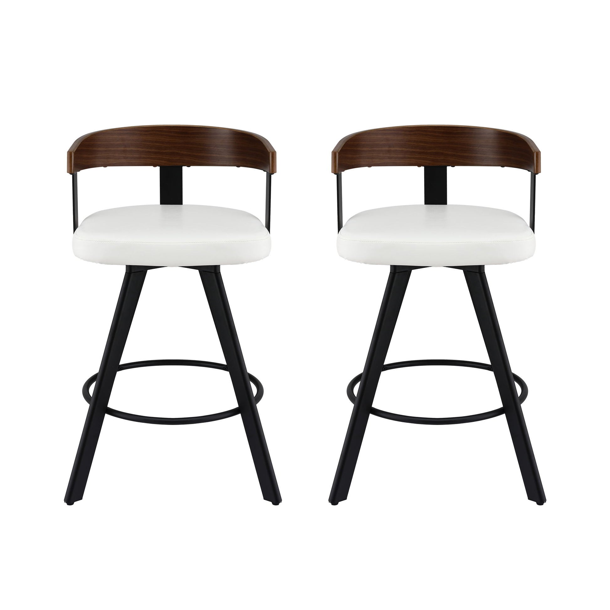 Two bar stools with white seats, brown backrests, and black metal legs on a white background.