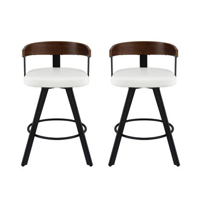 Two bar stools with white seats, brown backrests, and black metal legs on a white background.
