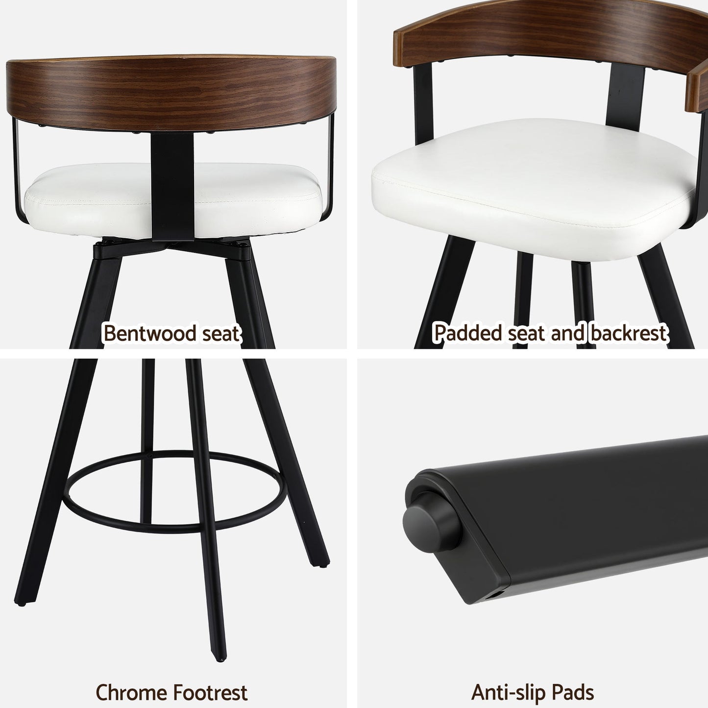 Bentwood bar stool with white cushioned seat and backrest, chrome footrest, and anti-slip pads.
