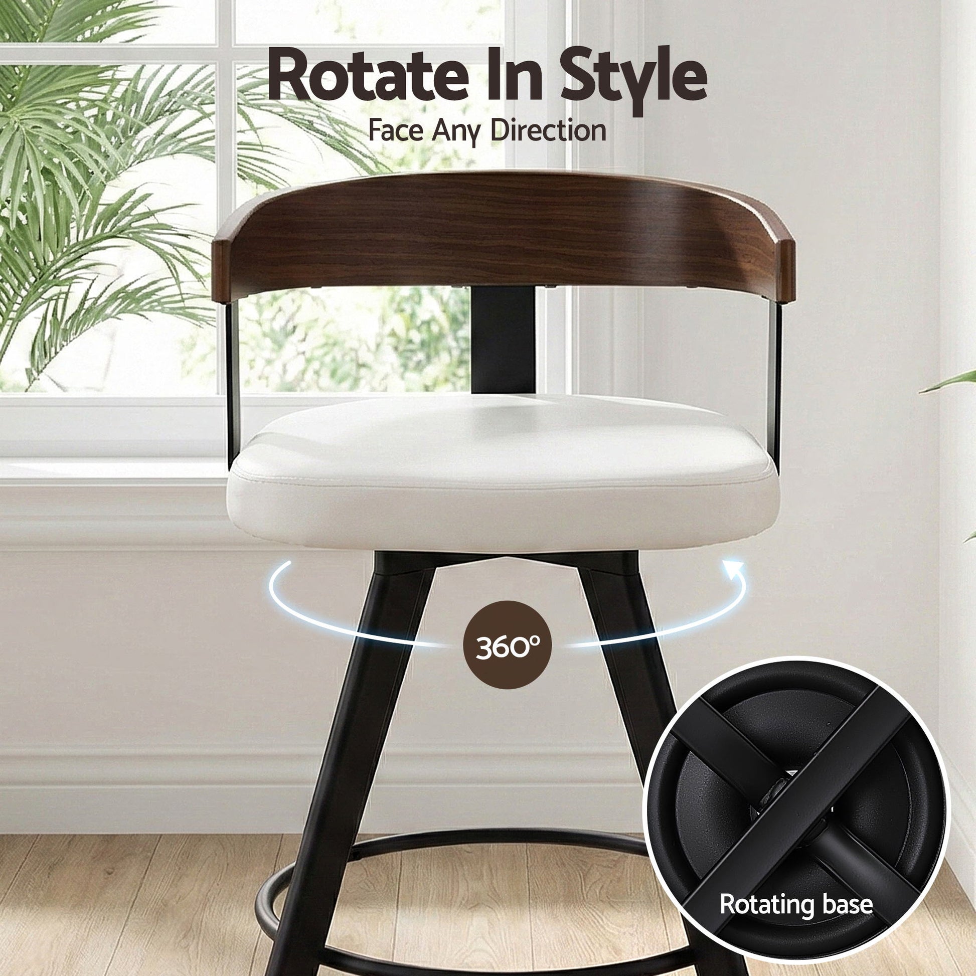 Bar stool with wooden backrest and white seat, rotating feature highlighted, in a room with a window and plant.