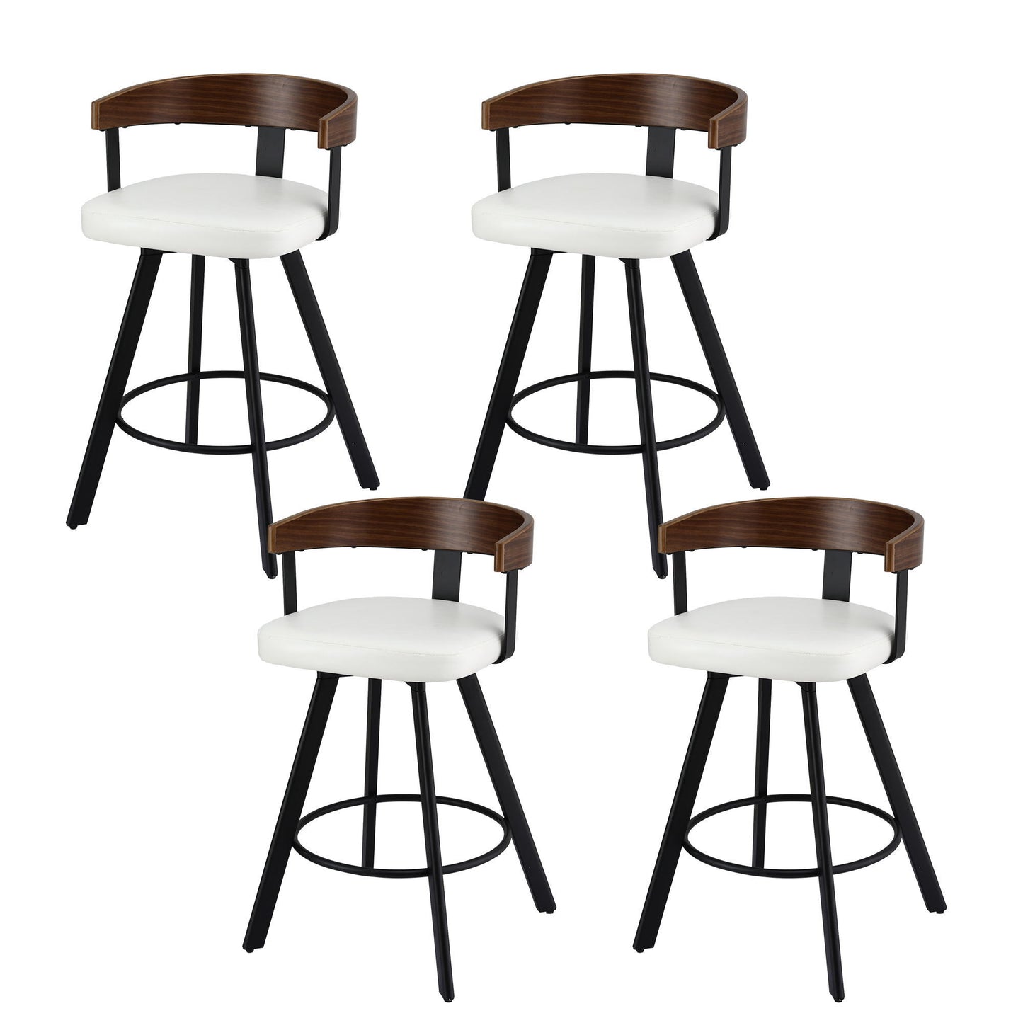 Four bar stools with white seats, brown backrests, and black legs on a white background