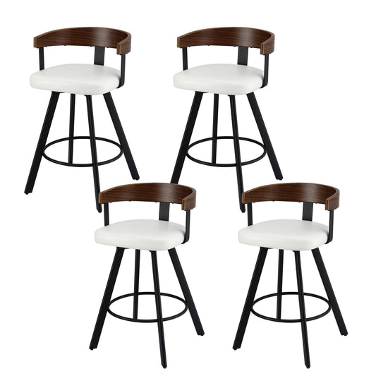Four bar stools with white seats, brown backrests, and black legs on a white background