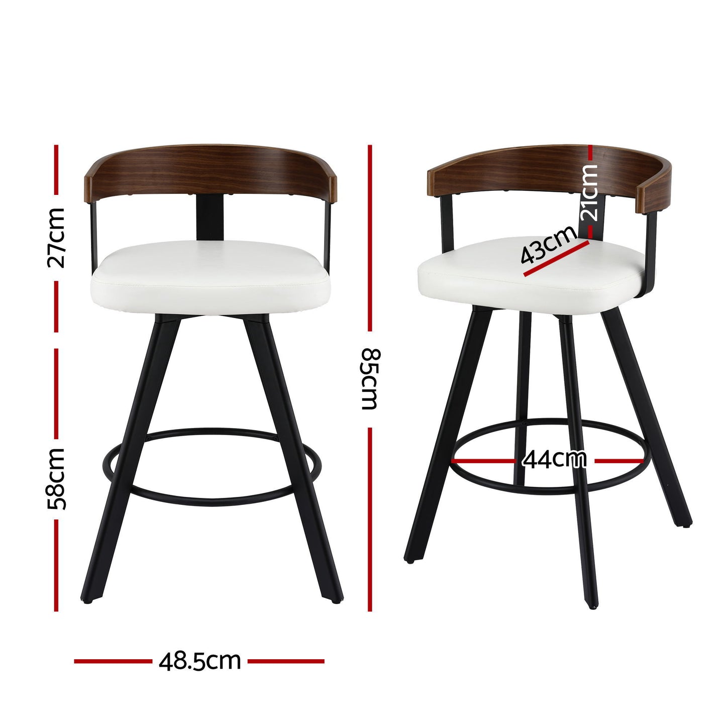 Two bar stools with dimensions marked on a white background