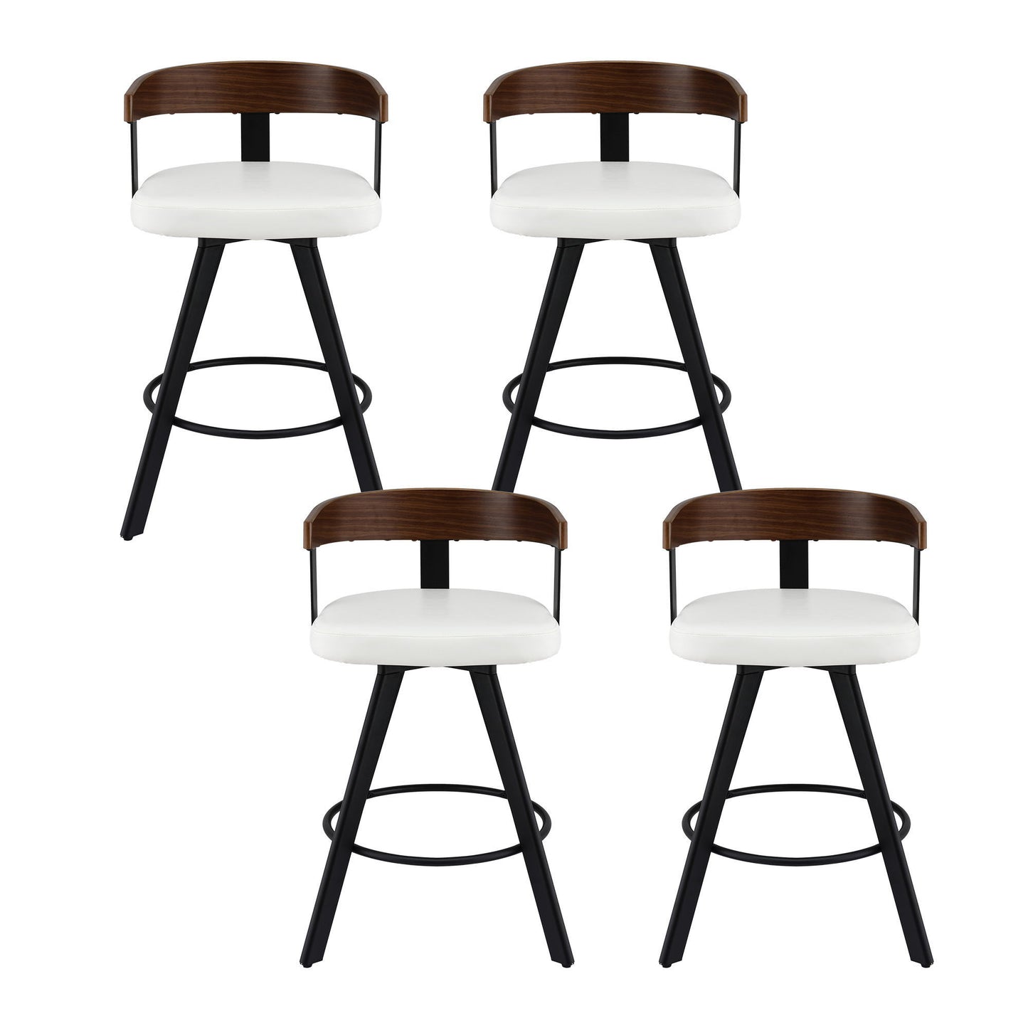 Four bar stools with wooden seats and black metal frames on a white background