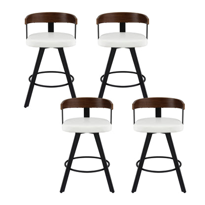 Four bar stools with wooden seats and black metal frames on a white background