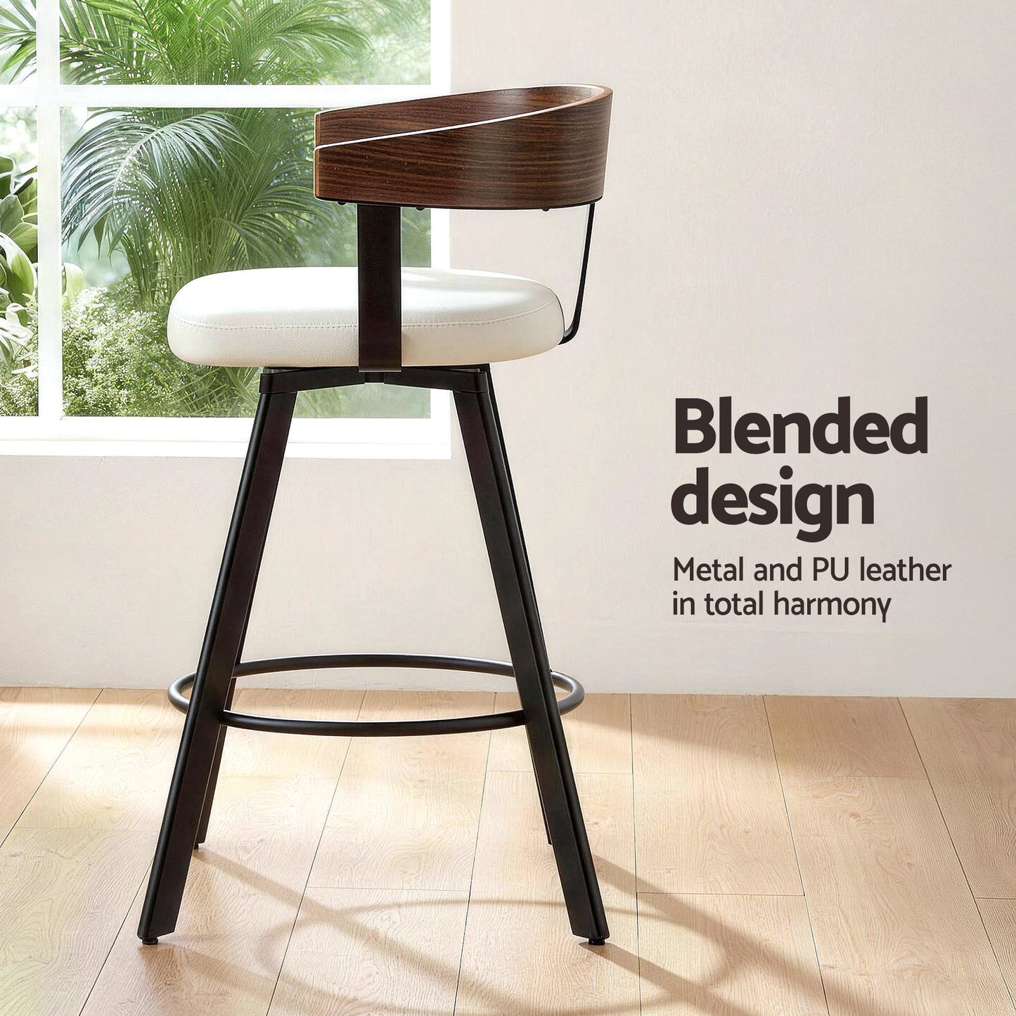 Bar stool with wooden backrest and white seat in a room with a window and plants.