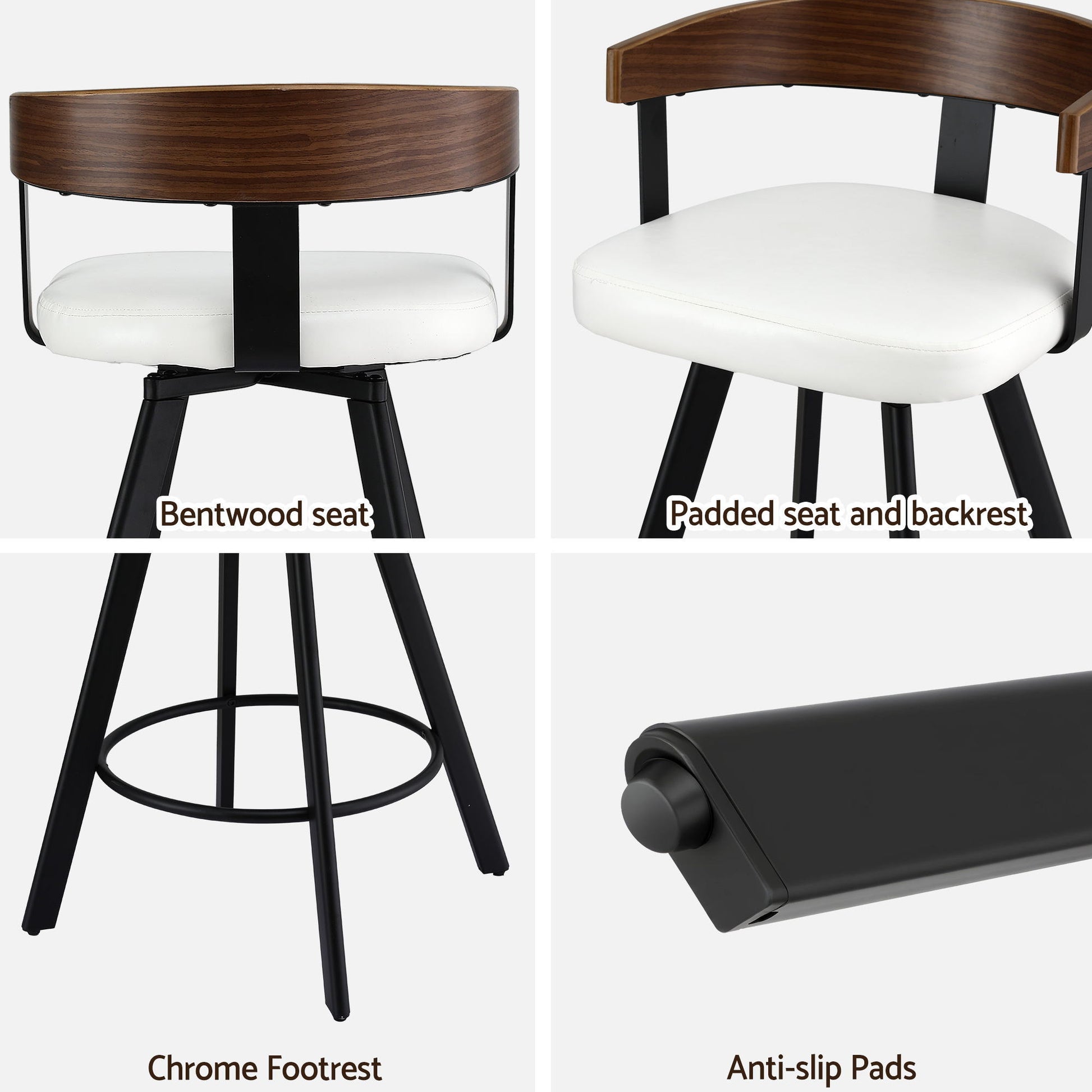 Bentwood bar stool with white cushioned seat and backrest, chrome footrest, and anti-slip pads.