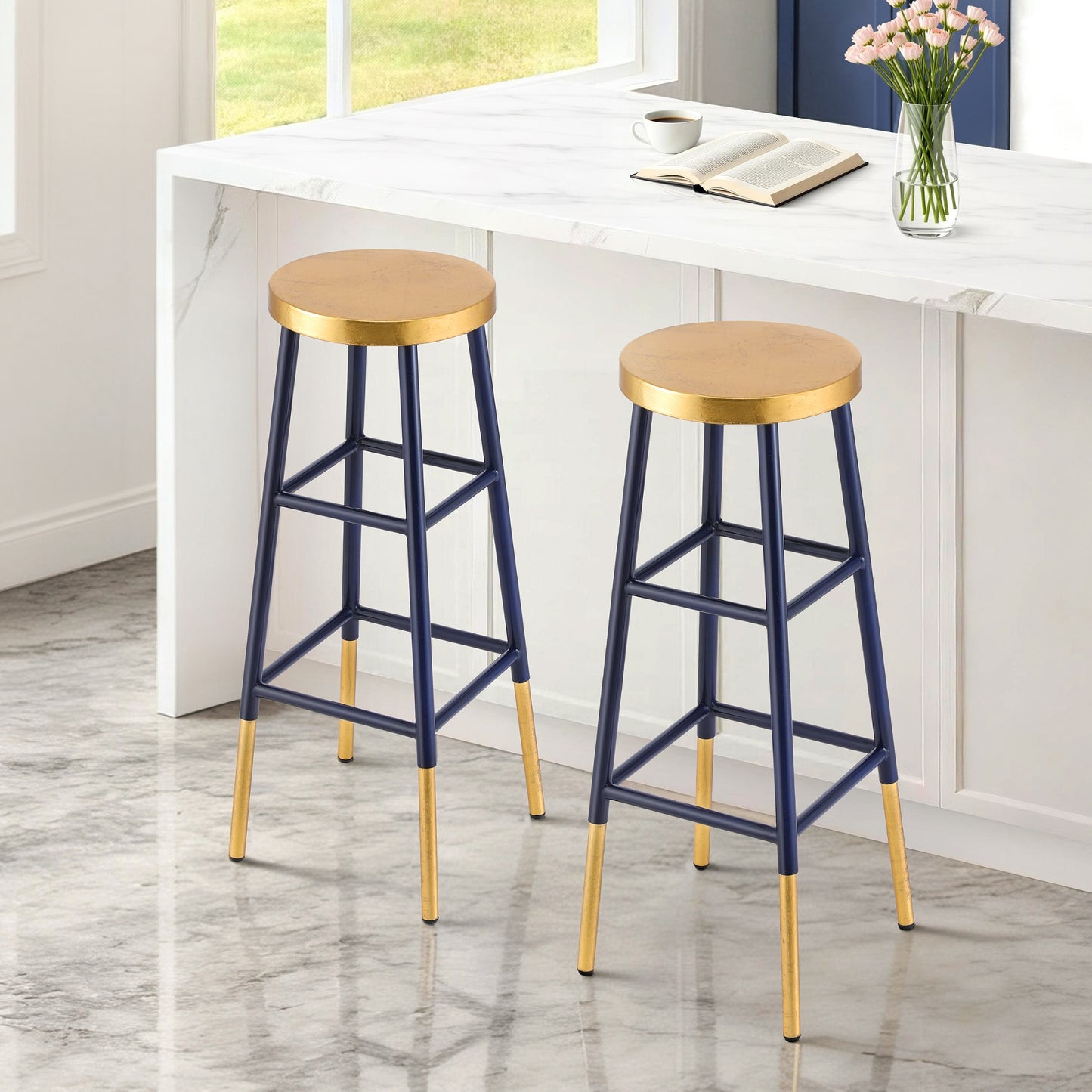 Archer Metal Bar Stool – Navy & Gold 76cm (Set of 2)