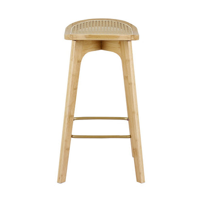 Wooden bar stool with woven backrest on a white background