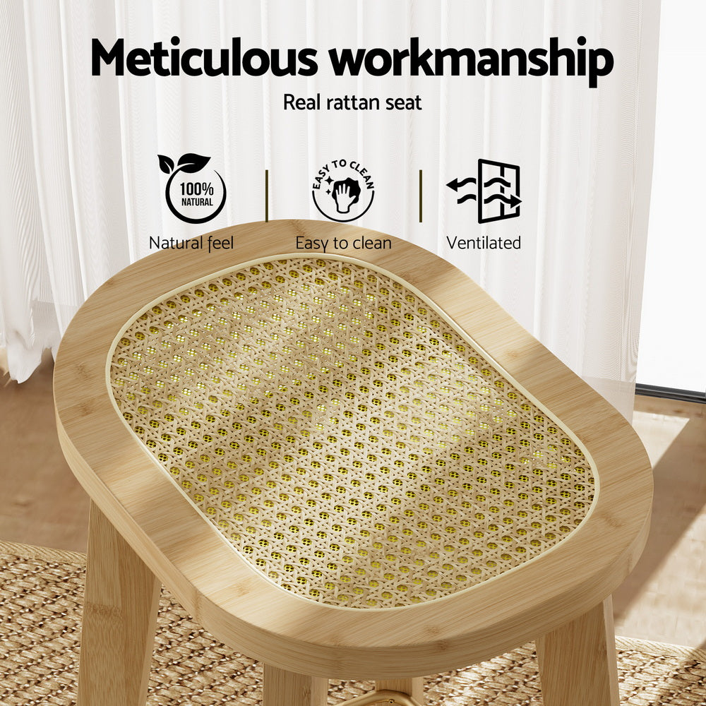 Wooden stool with a rattan seat, featuring text on meticulous workmanship and product benefits.