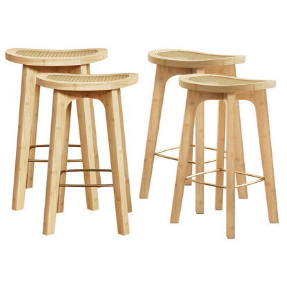 Set of four wooden bar stools with woven seats on a white background