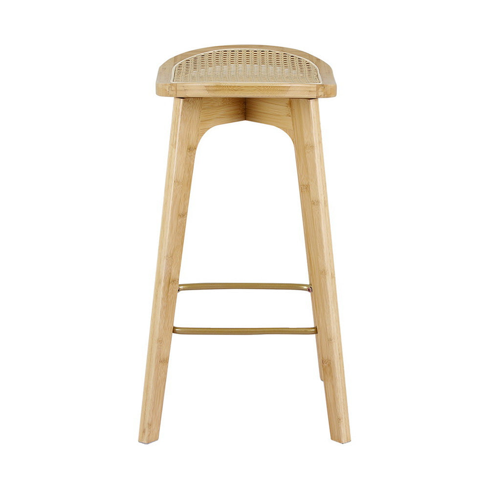 Wooden bar stool with woven backrest on a white background
