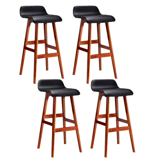 Four wooden bar stools with black seats on a white background