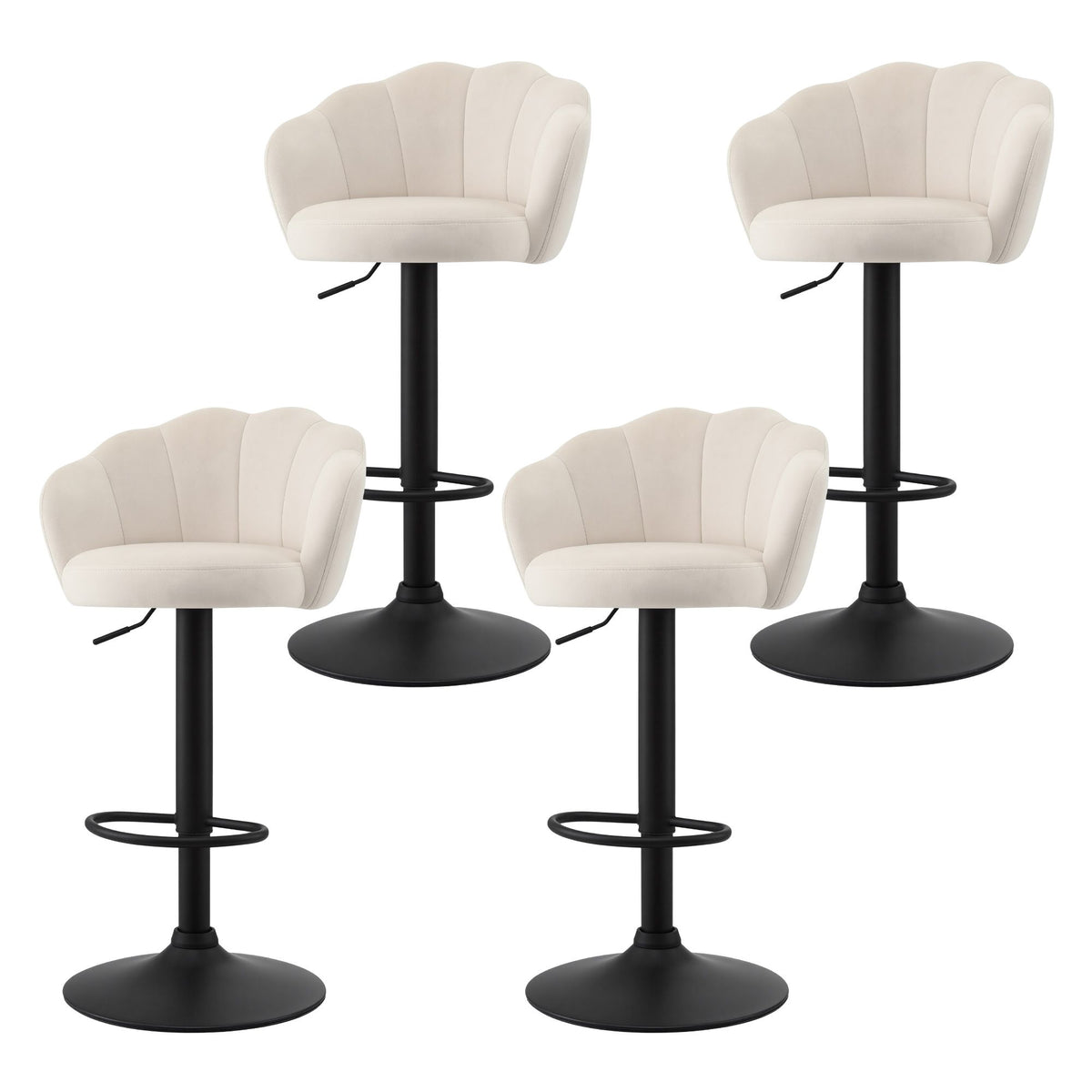 Set of 4 Emma ivory velvet adjustable bar stools with scalloped shell backrests, black pedestal bases and circular footrests.