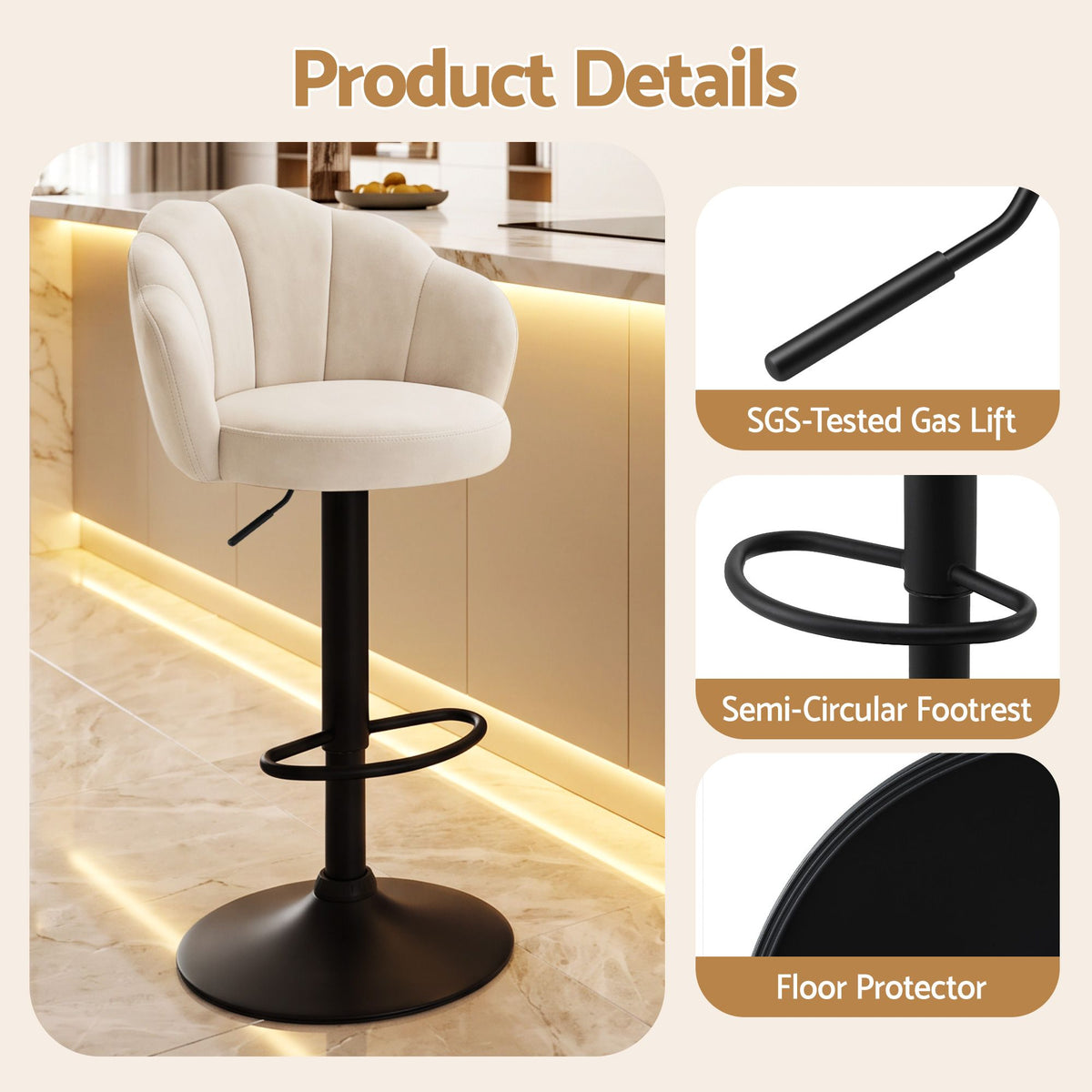 Emma ivory velvet adjustable bar stool showing the gas lift lever, circular metal footrest and protective base ring.