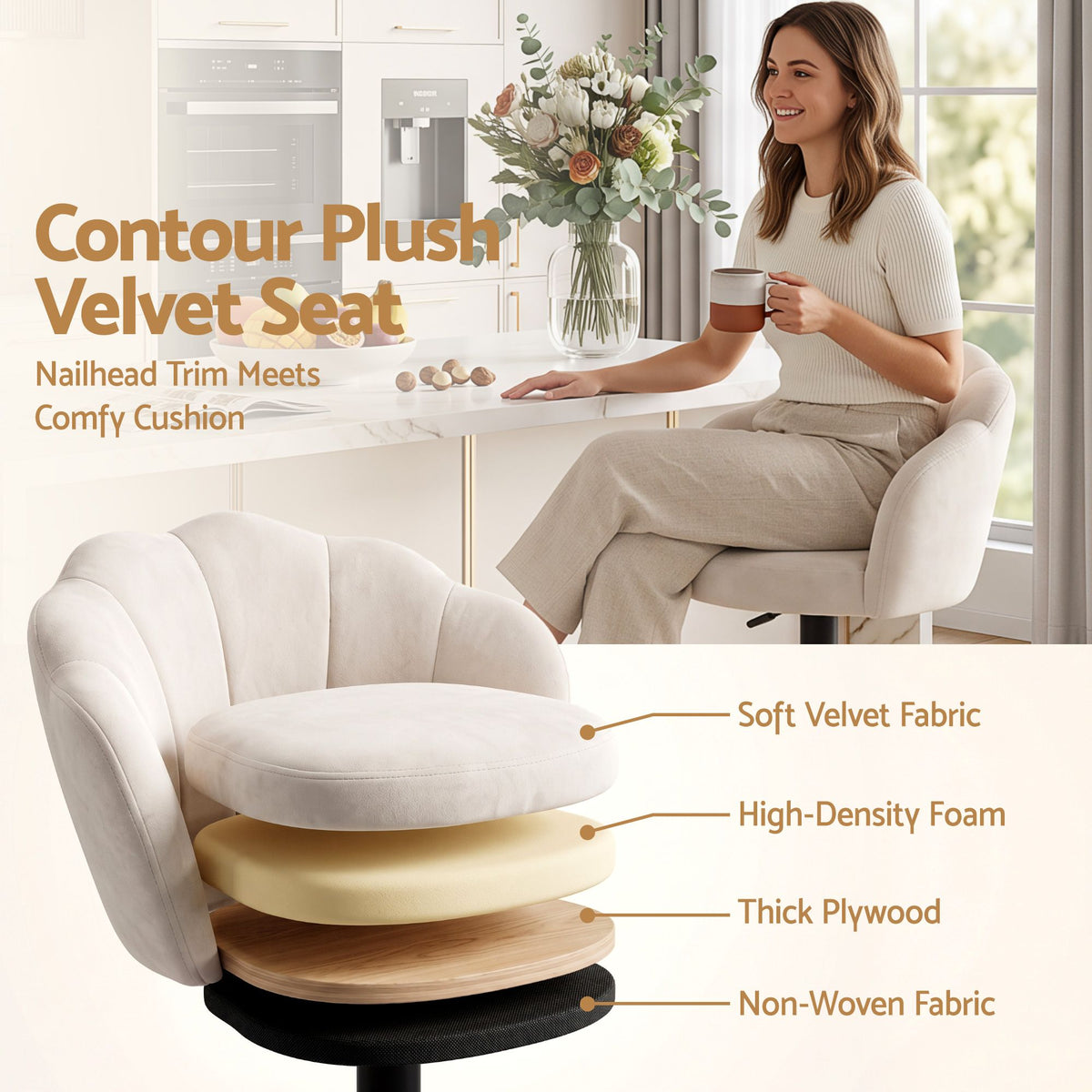 Emma ivory velvet bar stool with close-up cutaway showing soft velvet upholstery, high-density foam padding and plywood seat support.