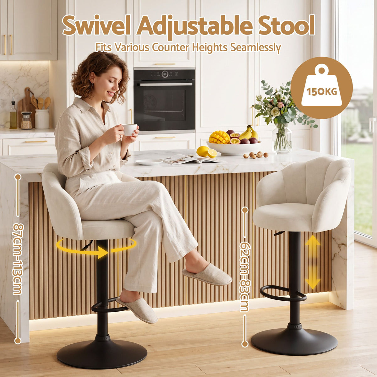 Emma ivory velvet swivel bar stools beside a kitchen island showing adjustable seat height and 150kg weight capacity.