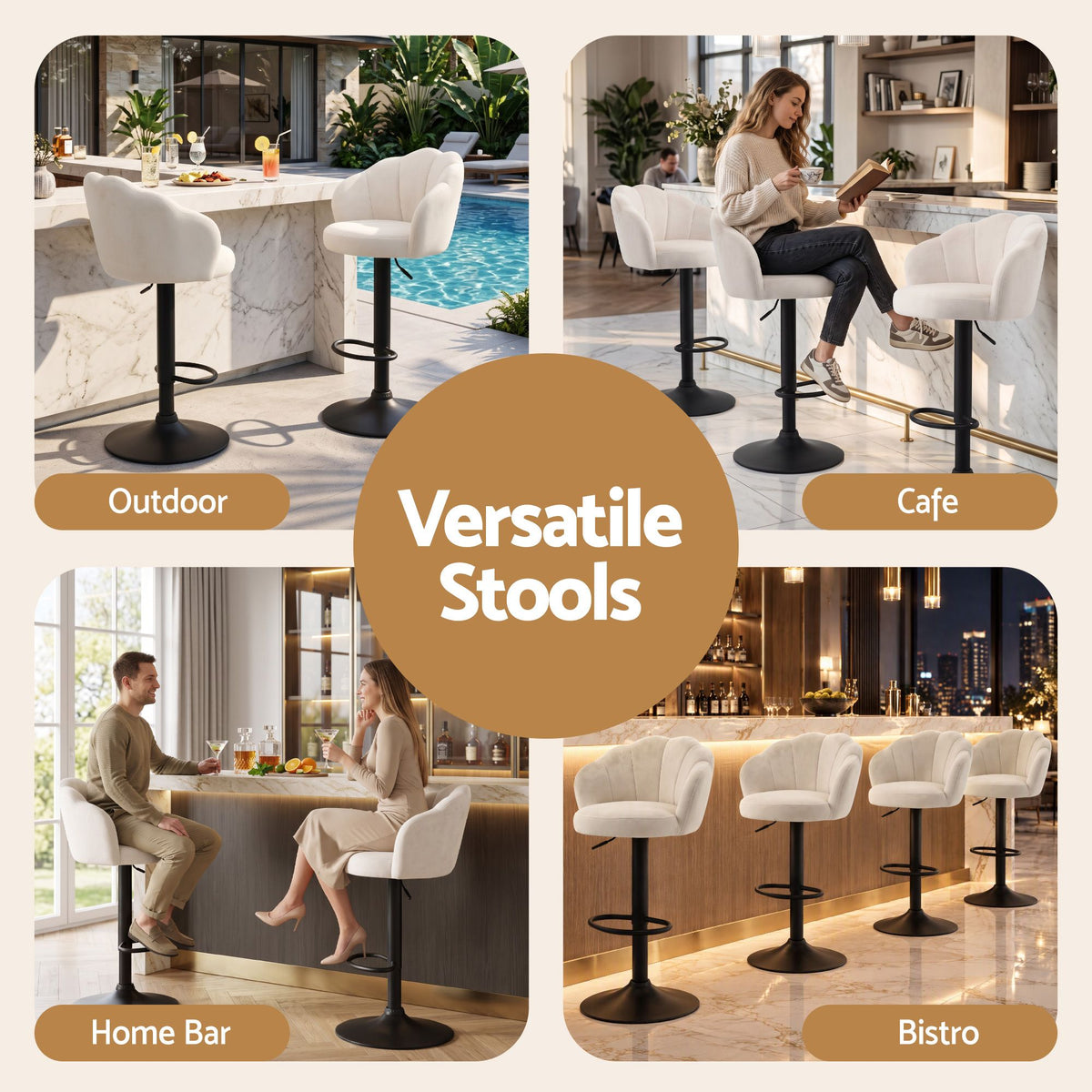 Collage of ivory velvet adjustable bar stools styled in home bars, kitchens, cafes and entertaining spaces.