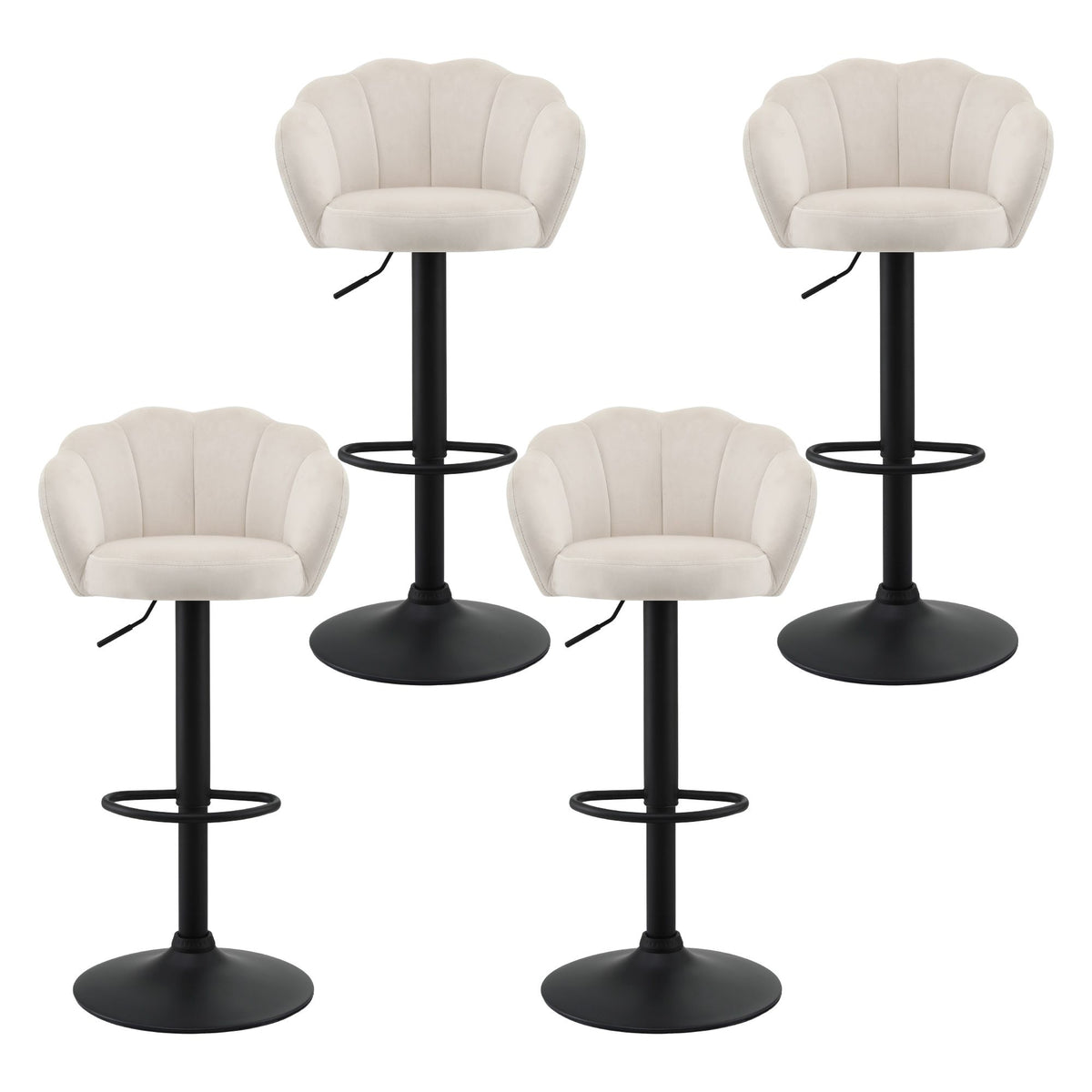 Four Emma ivory velvet shell-back bar stools with black adjustable pedestal bases displayed on a white background.