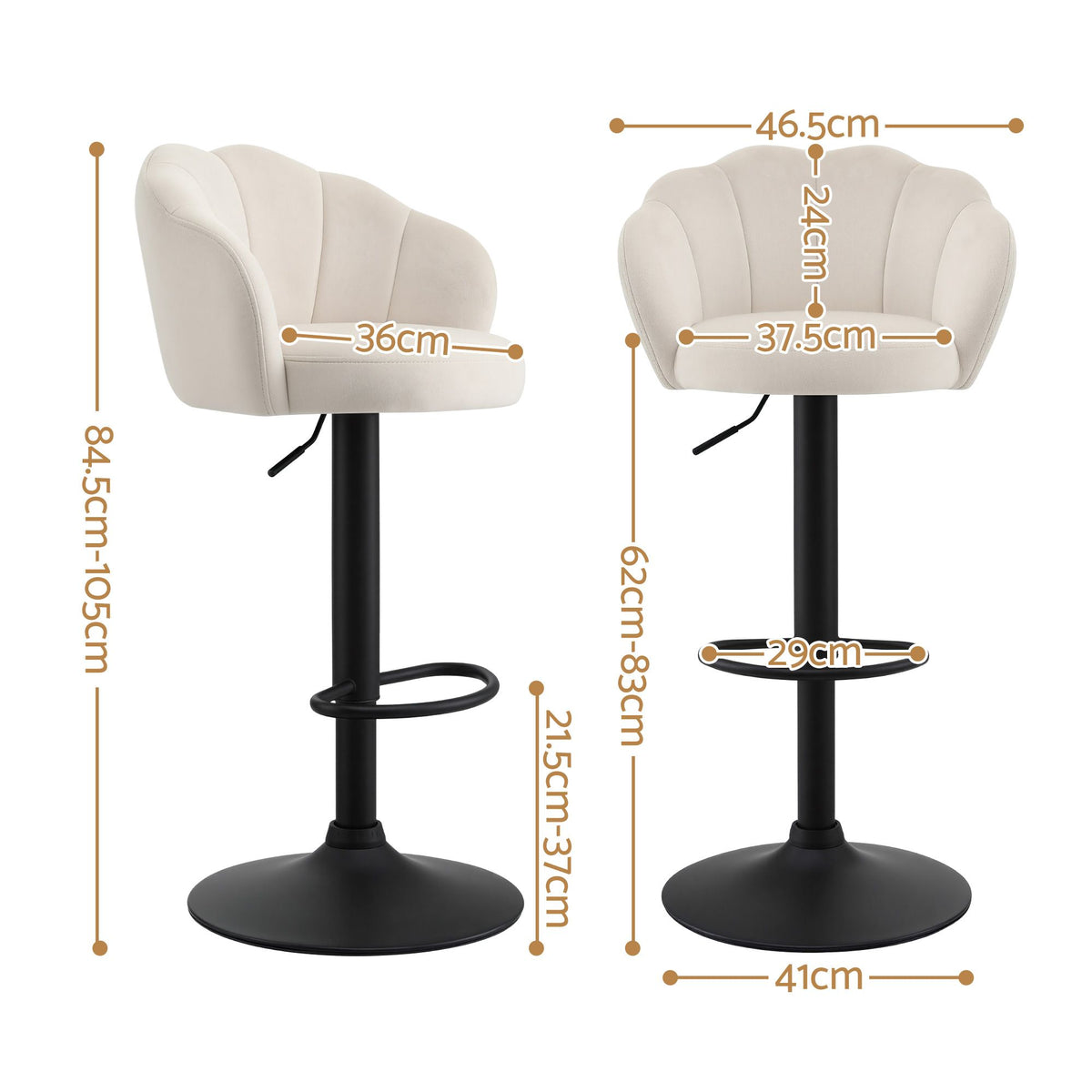 Emma ivory velvet adjustable bar stool dimensions showing 62 to 83cm seat height, 46.5cm width and 41cm base.