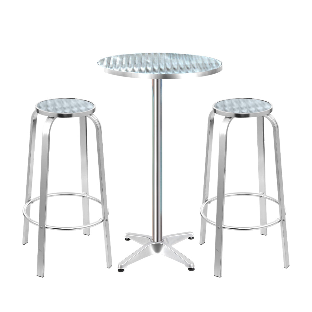 Apex aluminium bistro bar set with round table and two stools on white background