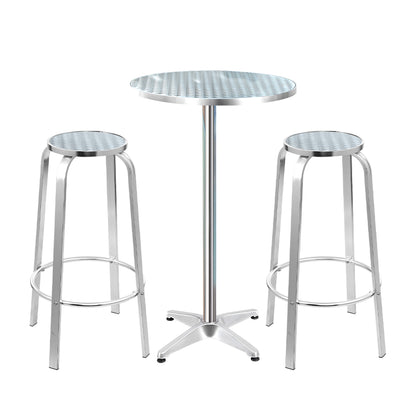 Apex aluminium bistro bar set with round table and two stools on white background